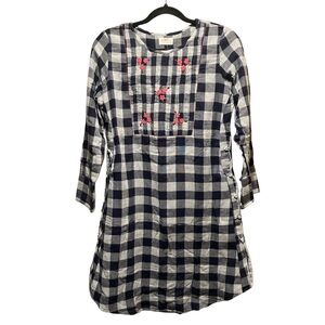 Kirgiti Handmade Navy Checkered Dress‎ with Pink Floral Embroidery NWOT Size M